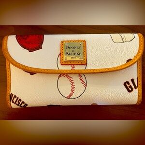 Dooney & Bourke White Baseball Print Continental Wallet with Tan Trim